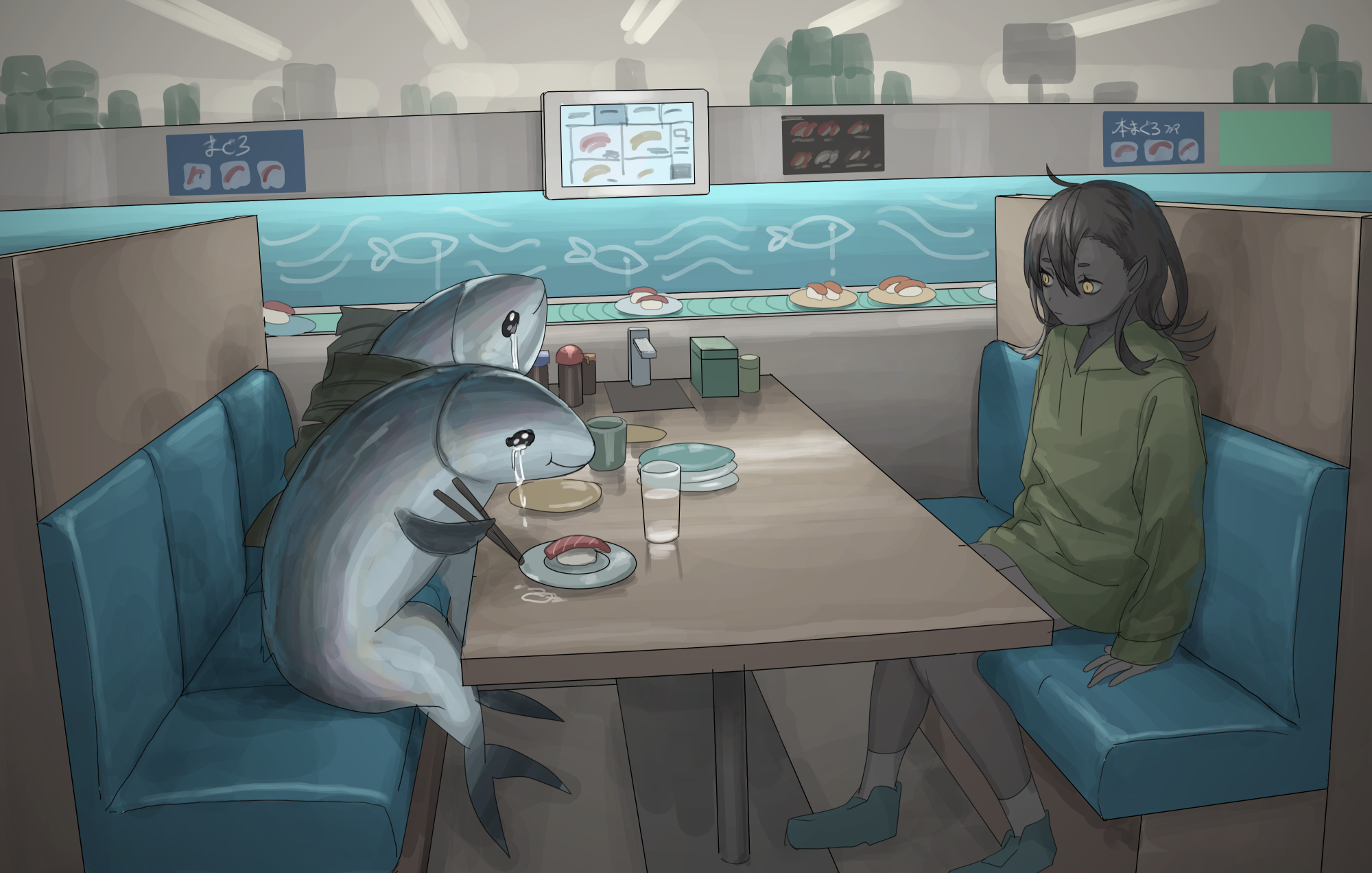 1girl bad_id bad_misskey.io_id black_hair blue_footwear booth_seating chopsticks conveyor_belt_sushi crying crying_with_eyes_open cup dark-skinned_female dark_skin drinking_glass expressionless fish food green_hoodie highres hoodie indoors original plate pointy_ears restaurant shoes sitting socks surreal sushi tears tensen_(dotted_line) webp-to-png_conversion yellow_eyes