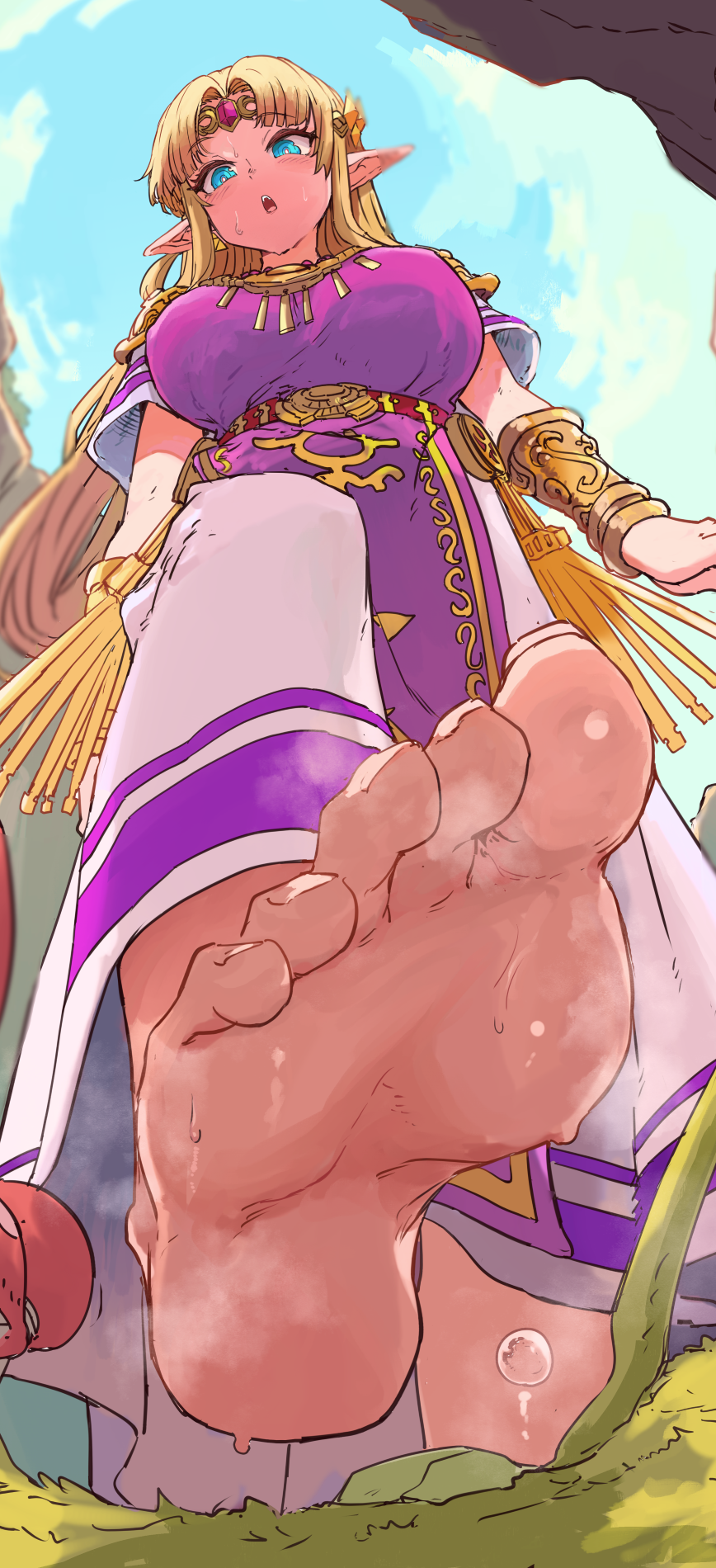 1girl barefoot blonde_hair blue_eyes blue_sky blurry blush bracelet breasts commentary_request curtained_hair day dress feet foot_focus forehead_jewel from_below gold_bracelet grass headband highres ishijimajirou jewelry large_breasts looking_at_viewer looking_down mushroom necklace nintendo open_mouth outdoors pointy_ears princess_zelda purple_tabard shoulder_pads sky soles solo steaming_body super_smash_bros. sweat tabard the_legend_of_zelda the_legend_of_zelda:_a_link_between_worlds the_legend_of_zelda:_a_link_to_the_past walking white_dress