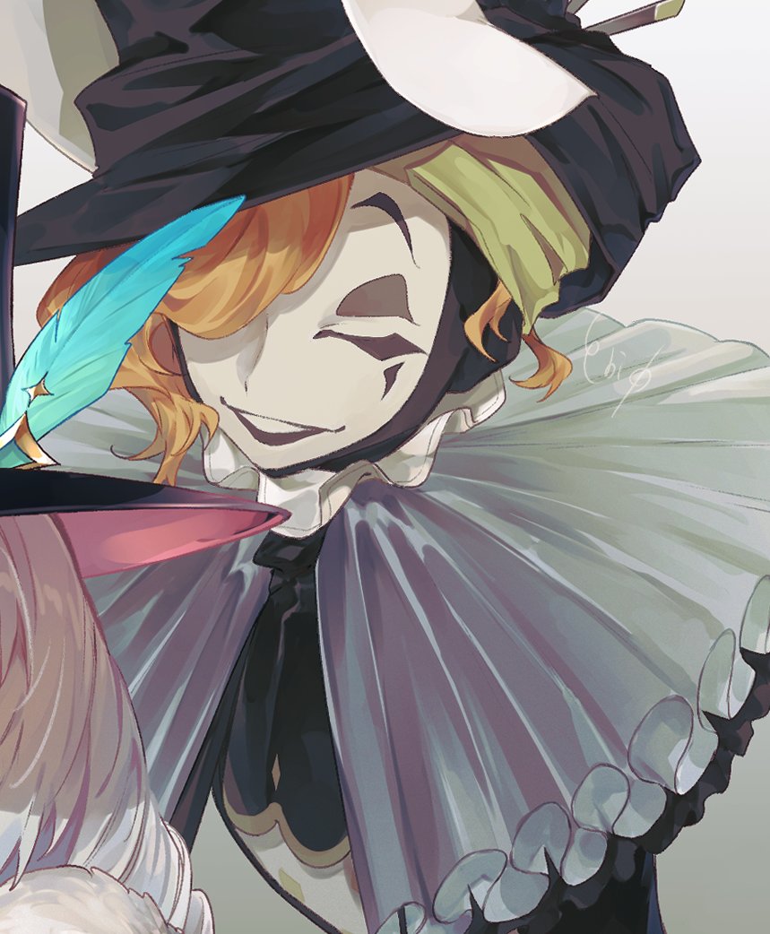 1girl 1other black_hat blue_feathers charlie_(reverse:1999) clown_mask ebi0_r facing_viewer feathers grey_background hair_over_one_eye hat hat_feather jester mask neck_ruff orange_hair reverse:1999 solo_focus the_fool_(reverse:1999) top_hat upper_body white_hair