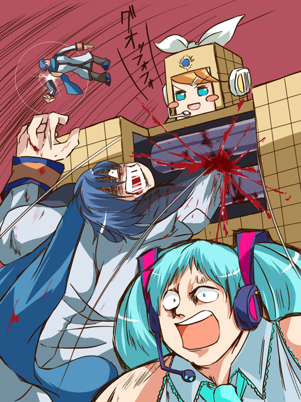 1boy 2girls aqua_hair blood blush_stickers emphasis_lines empty_eyes hatsune_miku headgear headphones headset kagamine_rin kaito_(vocaloid) kinnikuman morihama_karute multiple_girls o_o parody round_teeth scared shaded_face sunshine_(kinnikuman) teeth turn_pale twintails vocaloid what wide-eyed