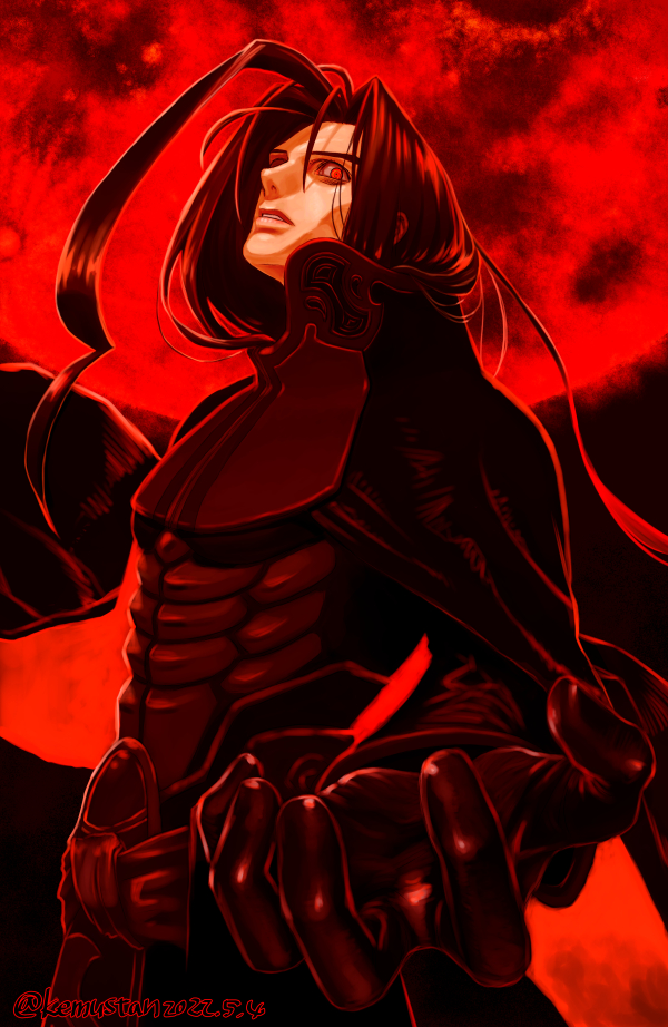 1boy black_hair bodysuit gloves lacan long_hair looking_at_viewer male_focus moon outstretched_arm parted_lips red_eyes red_moon solo sonomoto_shinzou_(natsume_kyouji) upper_body xenogears