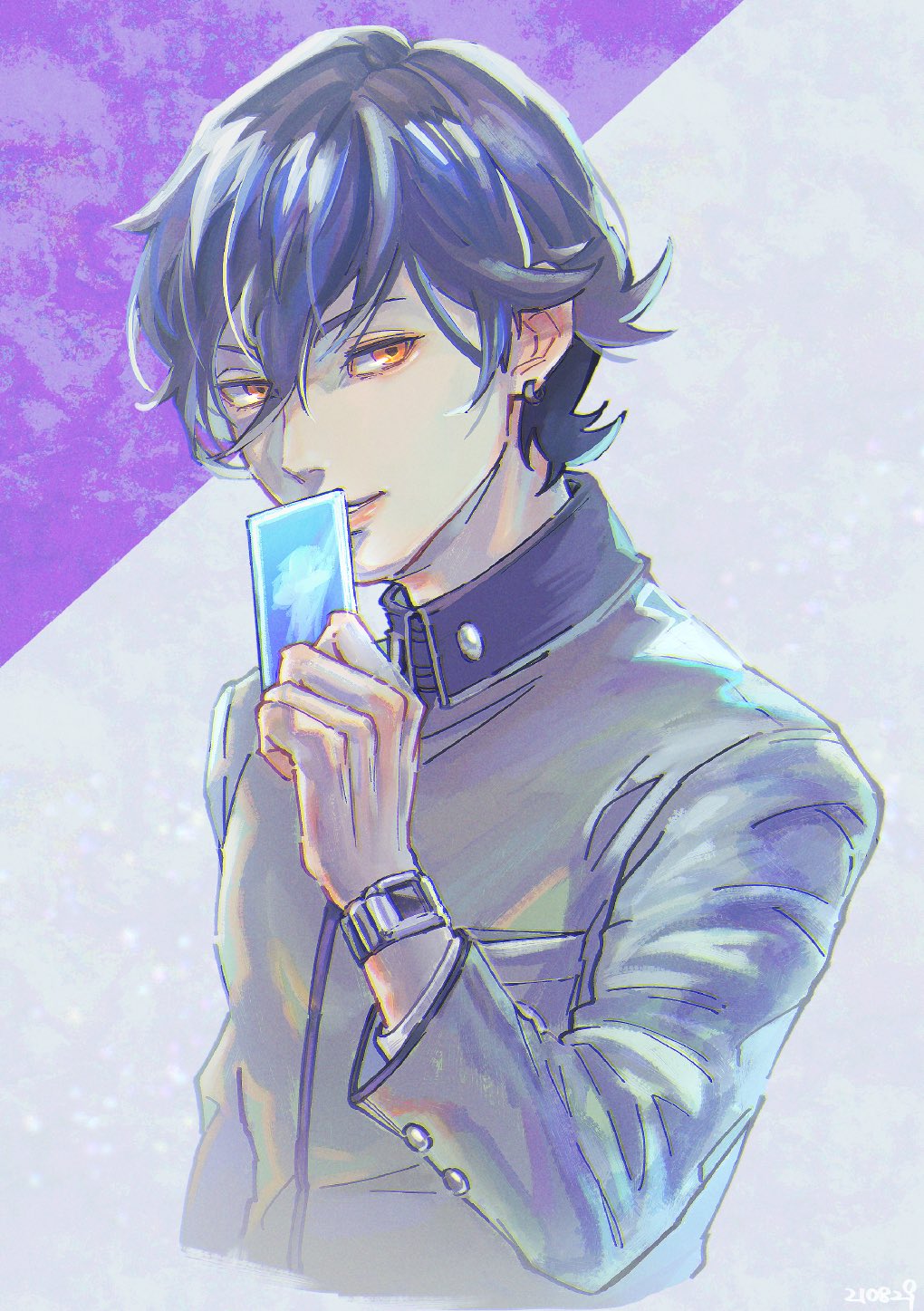 1boy black_hair card dress_shirt earrings facing_to_the_side grey_jacket hand_up highres holding holding_card jacket jewelry looking_at_viewer male_focus persona persona_1 purple_background school_uniform shadow_(persona) shirt single_earring tori_(bromaticbrotrap) toudou_naoya watch white_background white_shirt wristwatch yellow_eyes
