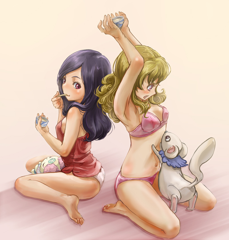 00s 2girls arms_up barefoot black_hair blonde_hair bra camisole chiffon_(fresh_precure!) feet food fresh_precure! goru_(cure_golgom) higashi_setsuna ice_cream looking_back momozono_love multiple_girls panties pink_bra pink_panties precure sitting tart_(fresh_precure!) underwear underwear_only wariza white_panties yellow_eyes