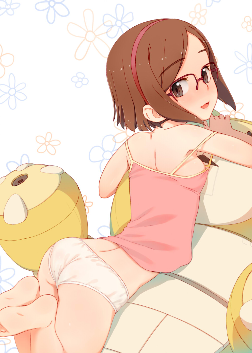 10s 1girl aratagawa_nikei ass barefoot beargguy_iii blush breasts brown_eyes brown_hair camisole feet female_focus flower glasses gundam gundam_build_fighters hairband highres kousaka_china looking_at_viewer looking_back lying no_bra on_stomach open_mouth over-rim_eyewear panties red-framed_eyewear semi-rimless_eyewear short_hair small_breasts smile soles solo strap_slip underwear underwear_only white_panties