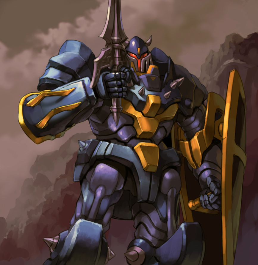 assault_visor cowboy_shot holding holding_shield holding_sword holding_weapon horns kikou-kai_galient looking_ahead mecha no_humans robot science_fiction shield solo spikes sword taedu weapon zuwel