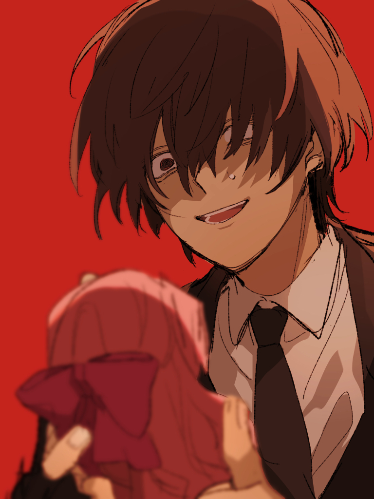 1boy black_jacket black_necktie black_suit blurry blurry_foreground brown_hair character_doll collared_shirt commentary_request crazy doll edamameko210 formal_clothes hair_over_one_eye hitomi_hirosuke_(sayonara_wo_oshiete) holding holding_doll jacket looking_at_object male_focus necktie open_mouth red_background sayonara_wo_oshiete shirt short_hair sidelighting simple_background smile solo suit sweat ueno_koyori upper_body white_shirt wide-eyed