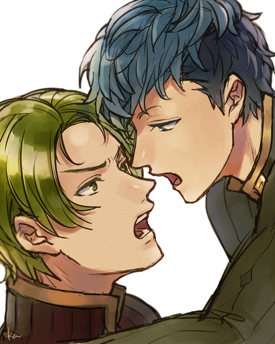 2boys akke artist_name blue_eyes blue_hair fire_emblem fire_emblem_echoes:_shadows_of_valentia forsyth_(fire_emblem) green_eyes green_hair male_focus multiple_boys nintendo open_mouth portrait python_(fire_emblem) simple_background teeth white_background yaoi