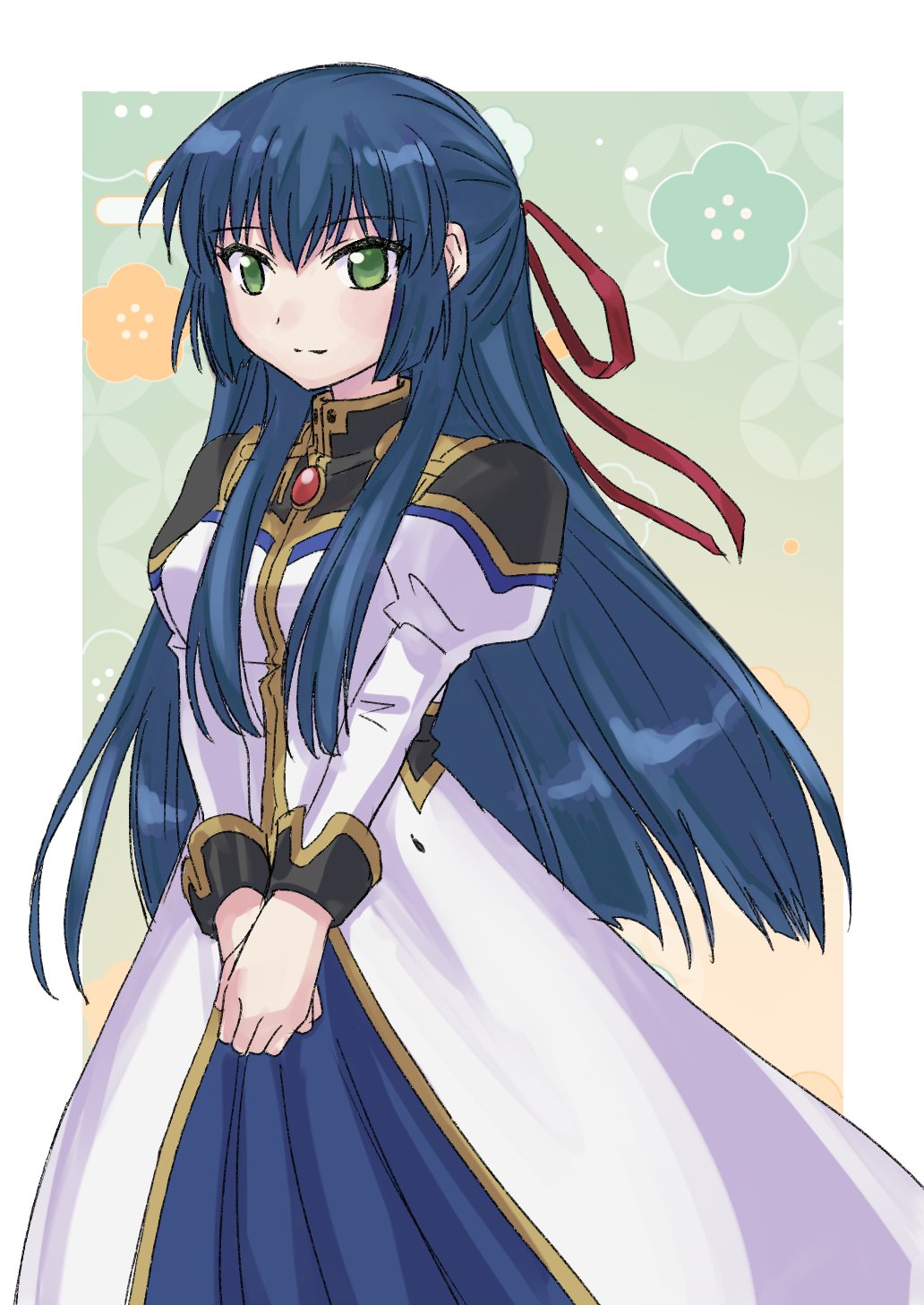 1girl angel_wing_uniform blue_dress blue_hair blue_ribbon cowboy_shot dress galaxy_angel green_eyes hair_ribbon highres karasuma_chitose kitaru long_hair monocle monocle_chain ribbon snowflakes solo