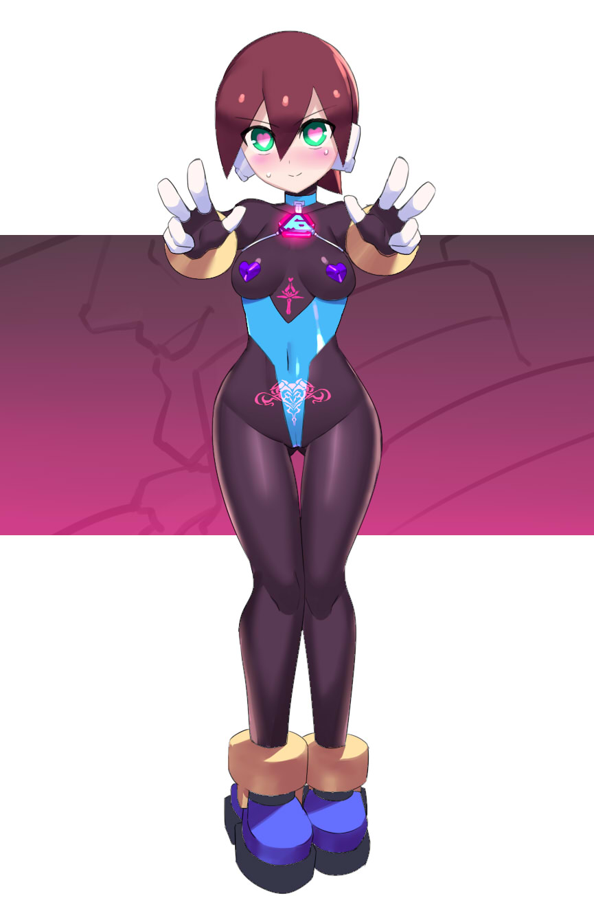 1girl aile_(mega_man_zx) alternate_costume black_bodysuit blue_one-piece_swimsuit blush bodysuit breasts brown_hair cameltoe closed_mouth cloud corruption covered_erect_nipples covered_navel full_body gloves glowing glowing_tattoo green_eyes heart heart-shaped_pupils heart_maebari highleg highres looking_at_viewer maebari mega_man_(series) mega_man_zx narrow_waist navel one-piece_swimsuit pubic_tattoo robot_ears serpent_(mega_man) short_hair sidelocks skin_tight smile solo spandex standing swimsuit swimsuit_over_clothes symbol-shaped_pupils tattoo turtleneck ukimukai