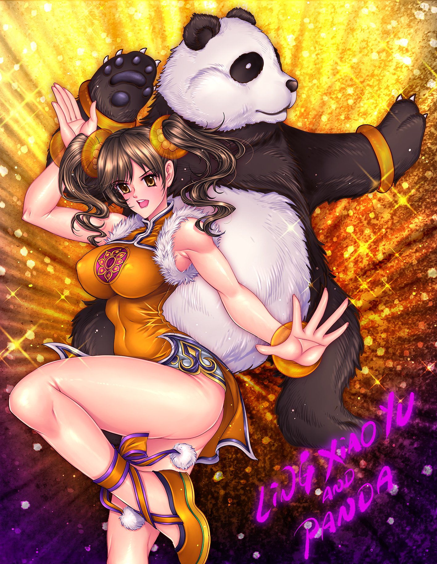 1girl ass bare_shoulders black_hair bottomless breasts highres john_r large_breasts ling_xiaoyu long_hair panda panda_(tekken) sleeveless teeth tekken twintails upper_teeth_only yellow_eyes