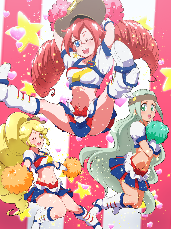 3girls blonde_hair blonde_haired_cure_(bomber_girls_precure)_(happinesscharge_precure!) blue_eyes blue_skirt blush boots bow brooch cheerleader cosplay cowboy_hat crop_top cure_honey cure_honey_(cosplay) cure_honey_(popcorn_cheer) freckles full_body green_eyes grey_hair grey_haired_cure_(bomber_girls_precure)_(happinesscharge_precure!) happinesscharge_precure! hat headband heart heart_brooch jewelry jumping knee_boots long_hair magical_girl midriff mini_hat miniskirt multicolored_skirt multiple_girls navel pom_pom_(cheerleading) precure red_hair red_haired_cure_(bomber_girls_precure)_(happinesscharge_precure!) skirt smile spread_legs star_(symbol) striped_background tj-type1 twintails v_legs vertical_stripes waist_bow wrist_cuffs yellow_eyes