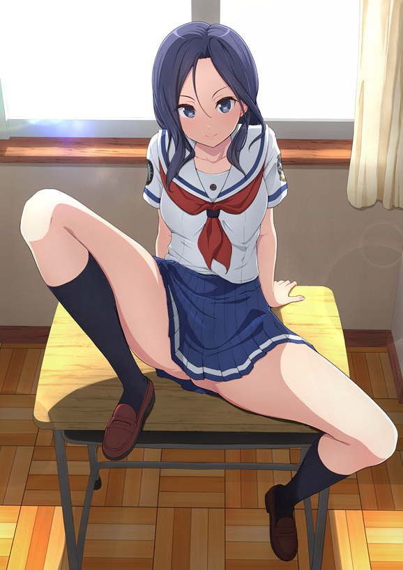 1girl black_hair black_socks blue_eyes blue_skirt brown_shoes commentary_request curtains desk full_body furushou_kaoru high_school_fleet indoors knee_up kneehighs low_twintails neckerchief ocza on_desk pleated_skirt red_neckerchief sailor_collar school_desk school_uniform second-party_source serafuku shadow shirt shoes short_sleeves sitting skirt socks solo twintails white_sailor_collar white_shirt window yokosuka_girls_marine_high_school_uniform