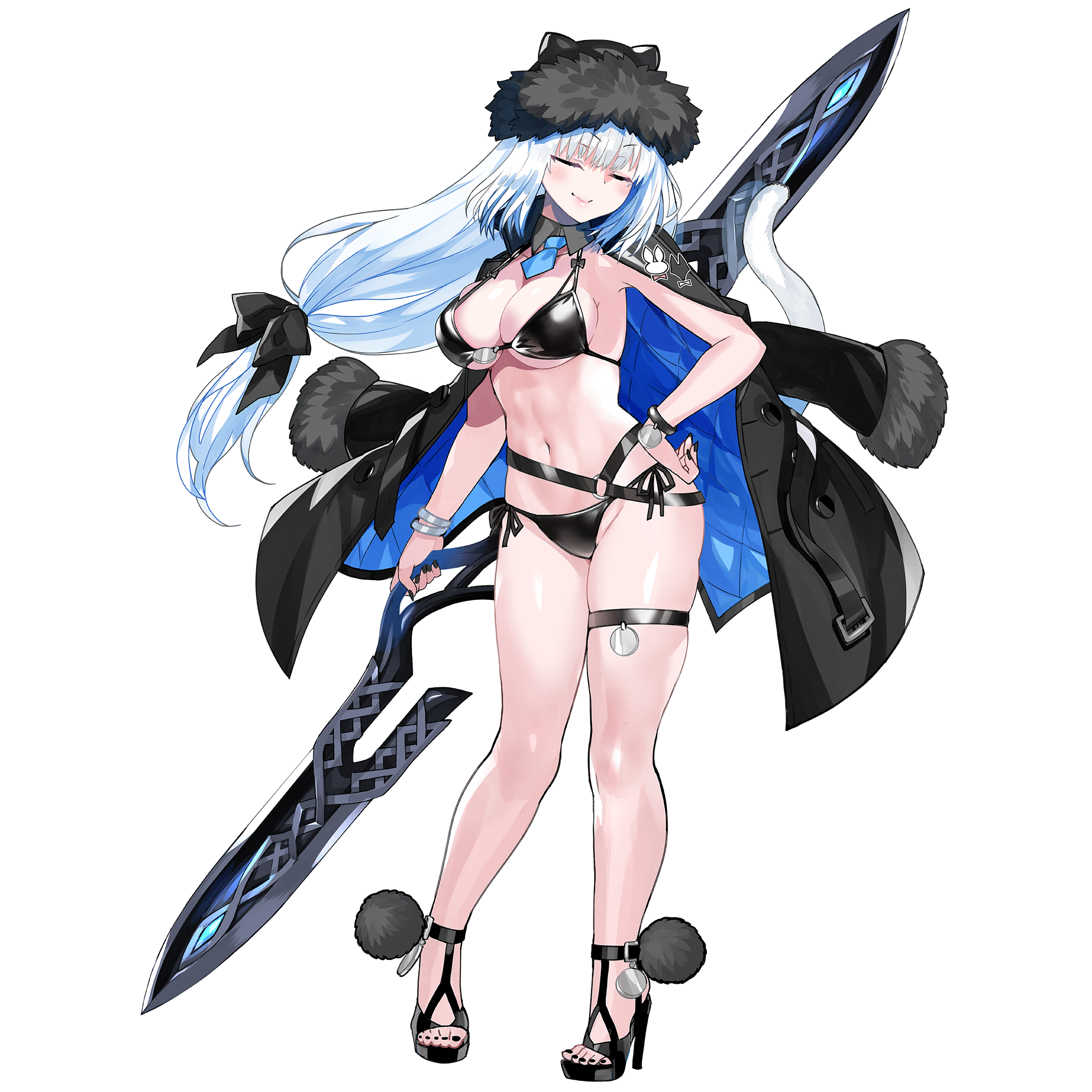1girl animal_ears bikini black_bikini black_hat black_jacket black_ribbon blush bracelet breasts cat_ears cat_girl cat_tail cleavage closed_eyes detached_collar dobrynya_nikitich_(fate) dobrynya_nikitich_(swimsuit_lancer)_(fate) dobrynya_nikitich_(swimsuit_lancer)_(first_ascension)_(fate) fate/grand_order fate_(series) full_body fur-trimmed_headwear fur_trim game_cg hair_ribbon hat high_heels highres jacket jacket_on_shoulders jewelry large_breasts long_hair looking_at_viewer navel necktie official_art ribbon robina smile solo standing swimsuit tachi-e tail transparent_background weapon white_hair