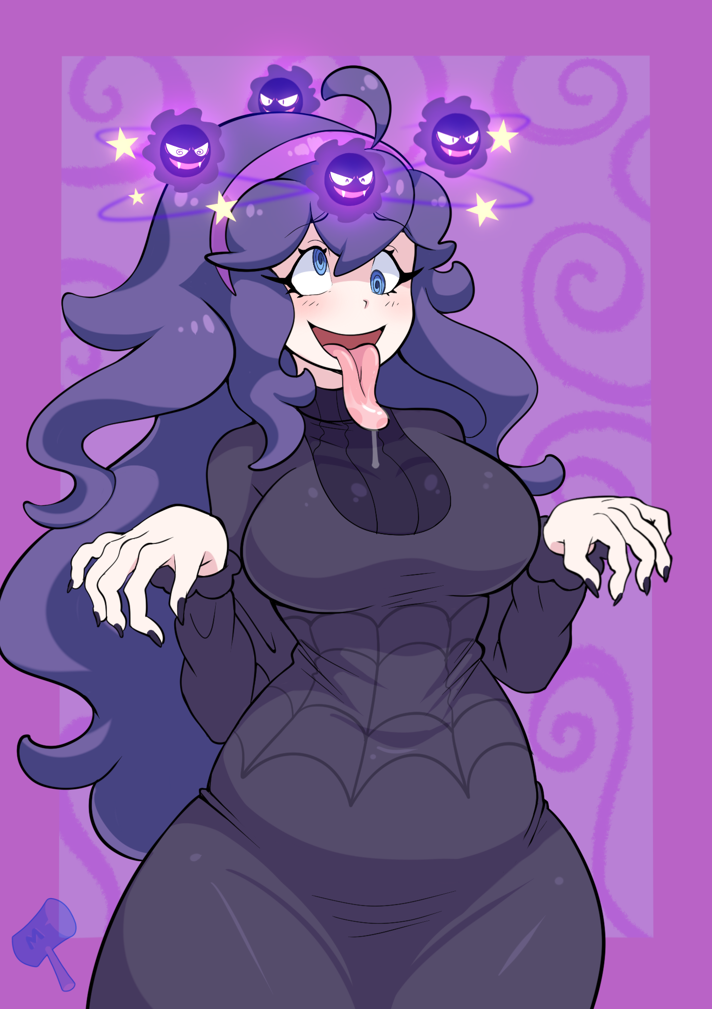 1girl @_@ alternate_breast_size big_hair black_dress black_nails blue_eyes breasts cross-eyed dazed dizzy dress drooling fluffy_hair gastly gen_1_pokemon hairband hex_maniac_(pokemon) highres knockout large_breasts long_hair megamallet nintendo open_mouth pokemon pokemon_xy purple_hair purple_hairband saliva seeing_stars silk spider_web spider_web_pattern thick_thighs thighs tongue tongue_out very_long_hair wavy_hair wide_hips
