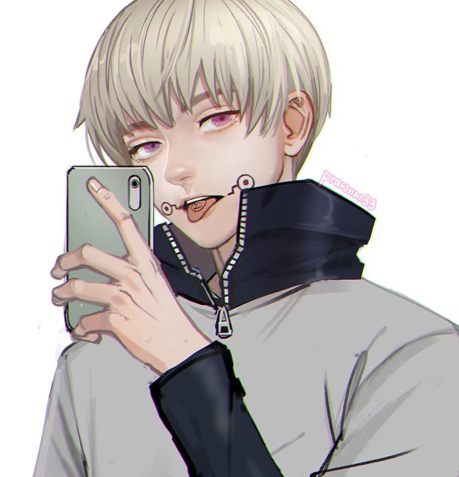 1boy arm_up cellphone collared_shirt commentary english_commentary facial_mark hair_between_eyes holding holding_phone inumaki_toge iphone jujutsu_kaisen long_sleeves looking_at_viewer male_focus mistermagnolia partially_unzipped phone pink_eyes popped_collar shirt simple_background smartphone solo teeth tongue tongue_mark tongue_out upper_body upper_teeth_only white_background white_hair zipper zipper_pull_tab