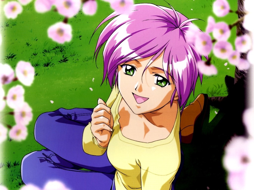 1990s_(style) 1girl denim female_focus flower from_above jeans kokura_masashi official_art pants pink_hair retro_artstyle scan solo tokimeki_memorial tokimeki_memorial_2 yae_kaori