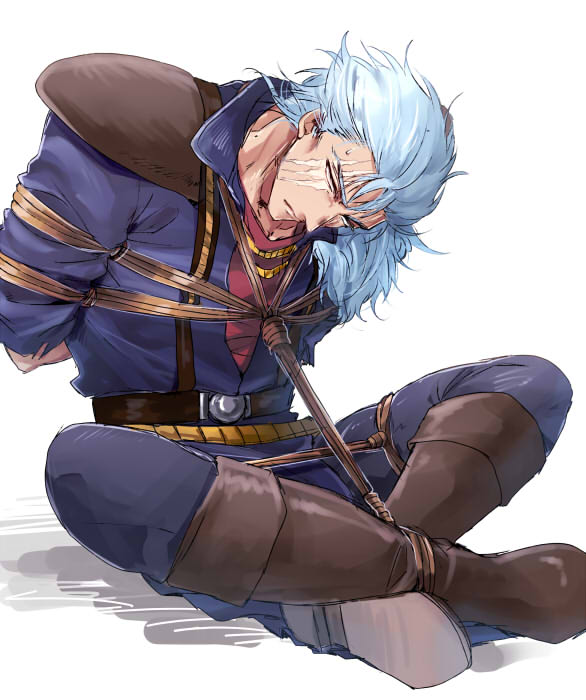 1boy arms_behind_back blue_hair bound hokuto_no_ken hosiume-sukonnbu indian_style long_hair male_focus scar scar_across_eye scar_on_face shoulder_pads shu_(hokuto_no_ken) sitting solo tied_up_(nonsexual)