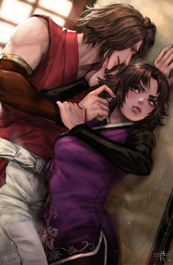 against_wall blush brown_eyes brown_hair hand_on_another&#039;s_chin holding_another&#039;s_wrist husband_and_wife japanese_clothes kimono lips lipstick makeup mitsuya pout sengoku_musou tachibana_ginchiyo tachibana_muneshige
