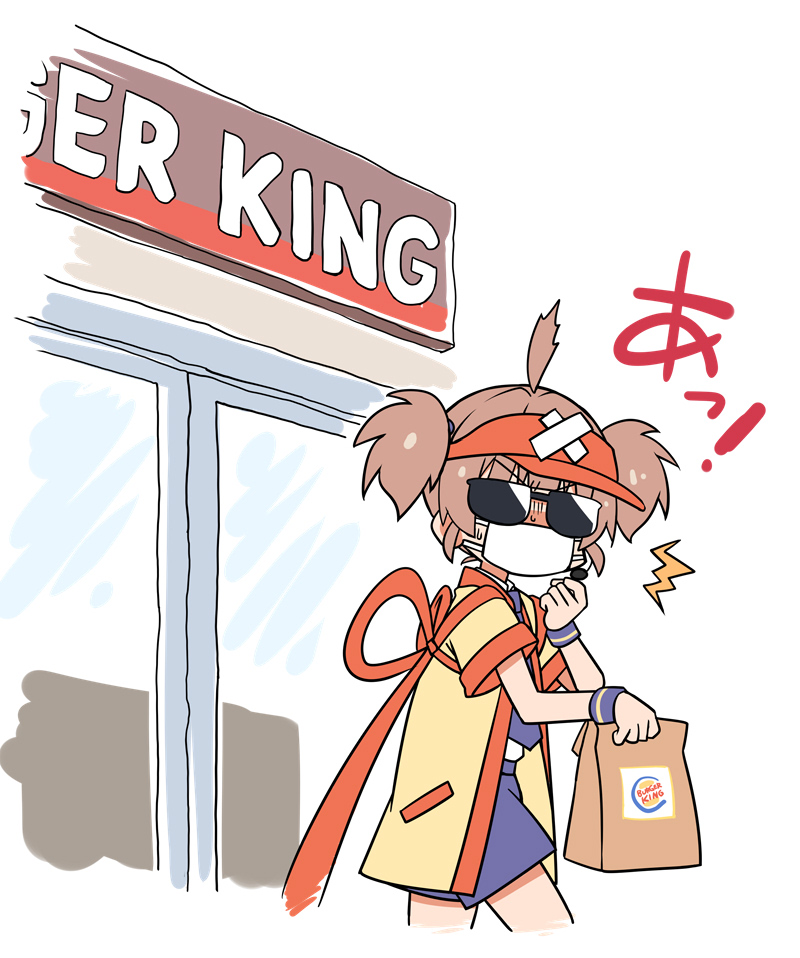 1girl ahoge akou_roushi bag bandaid brown_hair burger_king imadake_dabuchi_tabemi happi hat holding holding_bag japanese_clothes looking_at_viewer mask mcdonald&#039;s mouth_mask necktie paper_bag shirt shorts solo striped_clothes striped_shirt sunglasses sweatdrop twintails visor_cap yellow_happi