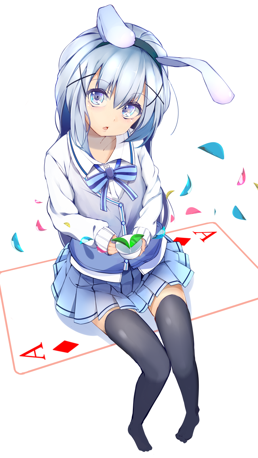 ace_(playing_card) ace_of_diamonds animal_ears black_thighhighs blue_dress blue_eyes blue_hair blue_vest card cup diamond_(shape) dress fake_animal_ears gochuumon_wa_usagi_desu_ka? hair_ornament highres holding holding_cup kafuu_chino light_blue_hair long_sleeves oversized_object playing_card pleated_skirt radiosity_(yousei) shirt simple_background skirt thighhighs vest white_background white_shirt x_hair_ornament