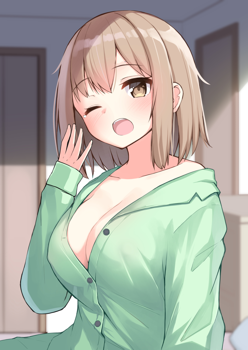 1girl ;o blush breasts brown_eyes brown_hair childhood_friend_(ominaeshi) cleavage collarbone collared_shirt commentary_request dress_shirt green_pajamas green_pants green_shirt hair_between_eyes hand_up highres indoors large_breasts long_sleeves looking_at_viewer ominaeshi_(takenoko) one_eye_closed open_mouth original pajamas pants shirt sleeves_past_wrists solo tears waking_up yawning