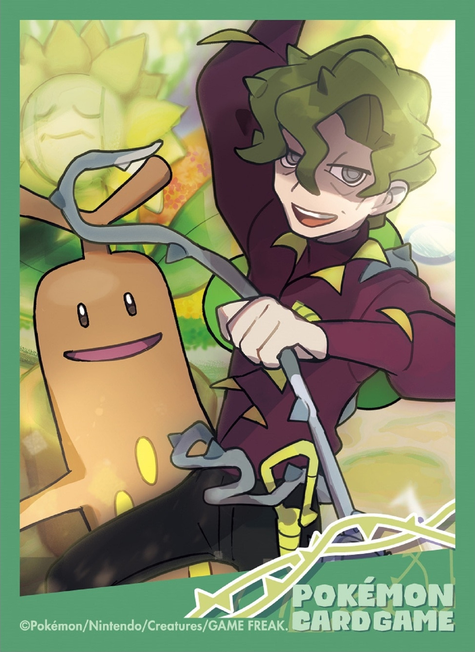 1boy :d arm_up black_pants brassius_(pokemon) copyright_name copyright_notice gen_2_pokemon green_background green_eyes green_hair highres holding holding_whip nintendo official_art open_mouth pants pokemon pokemon_(creature) pokemon_sv pokemon_tcg purple_shirt shirt short_hair smile sudowoodo sunflora teeth third-party_source upper_teeth_only