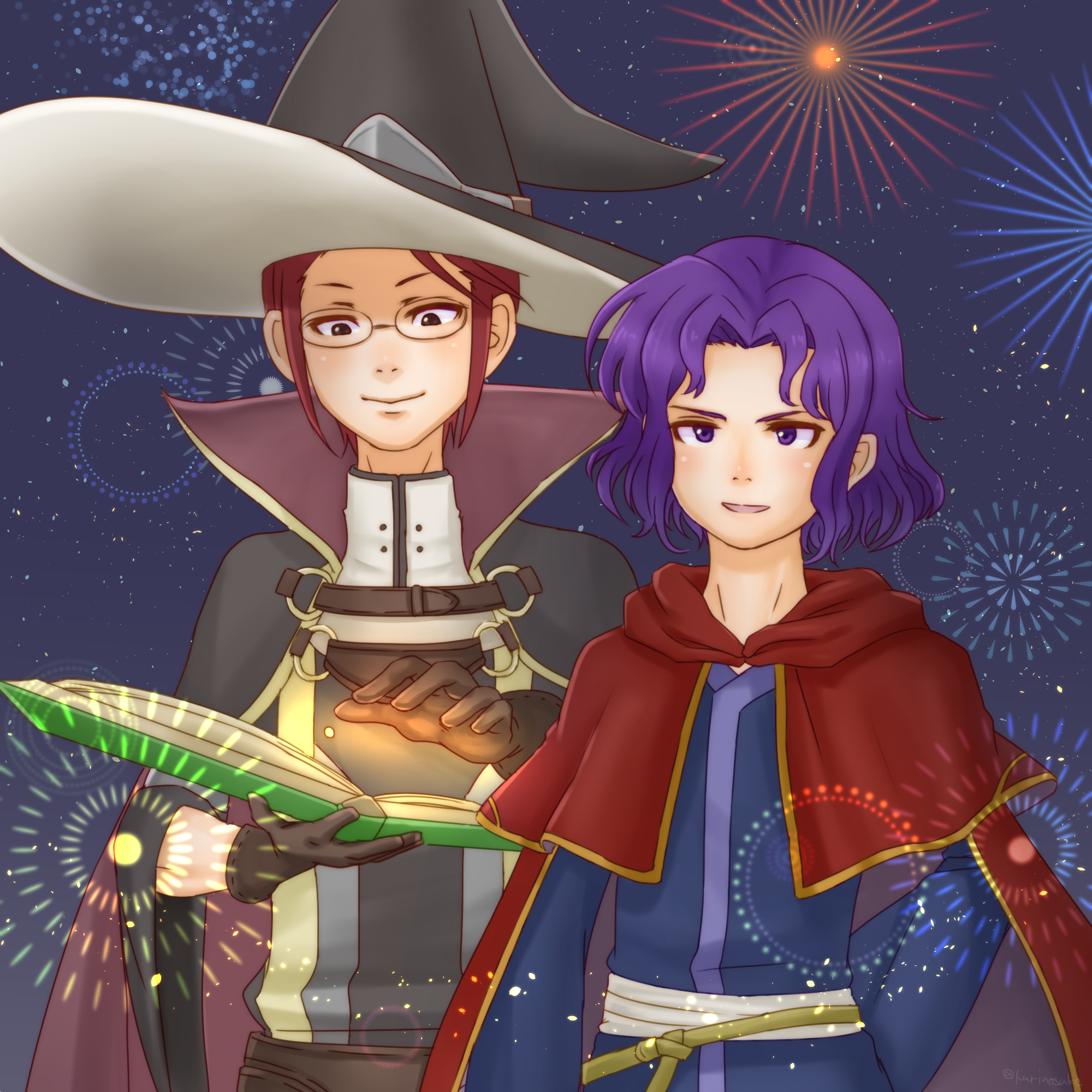 2boys book erk_(fire_emblem) fire_emblem fire_emblem:_the_blazing_blade fire_emblem_awakening fireworks highres holding holding_book karinosuke laurent_(fire_emblem) looking_at_viewer male_focus multiple_boys nintendo purple_hair upper_body