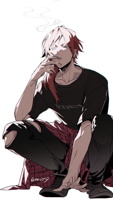 1boy 6tnut9 artist_name black_pants black_shirt black_shoes cigarette clothes_around_waist clothes_writing collarbone hair_over_shoulder hand_up holding holding_cigarette jacket jacket_around_waist leos_vincent long_hair looking_at_viewer low_ponytail male_focus nijisanji open_mouth pants parted_bangs ponytail red_hair red_jacket shirt shoes short_sleeves simple_background smoke smoking solo squatting t-shirt teeth torn_clothes torn_pants upper_teeth_only virtual_youtuber white_background