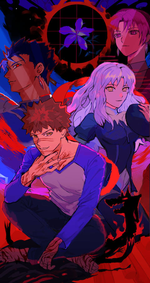 2boys 2girls angra_mainyu_(fate) barefoot bazett_fraga_mcremitz blue_hair breasts caren_hortensia commentary_request cu_chulainn_(fate) cu_chulainn_(fate/stay_night) earrings emiya_shirou erk_(okra_ecory) evil_smile fate/hollow_ataraxia fate_(series) full-body_tattoo hat holding holding_unworn_clothes holding_unworn_hat indian_style jewelry long_hair medium_breasts multiple_boys multiple_girls purple_eyes purple_hair raglan_sleeves red_eyes ringed_eyes short_hair sitting smile tattoo unworn_hat unworn_headwear white_hair yellow_eyes
