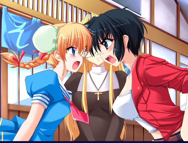 3girls angry black_hair blonde_hair blue_eyes blush cross daikokuya_kyouko downhill_night emily_(pure_dream) fang game_cg kotosato_yuuna multiple_girls nun short_hair top_(company) twintails yano_maria