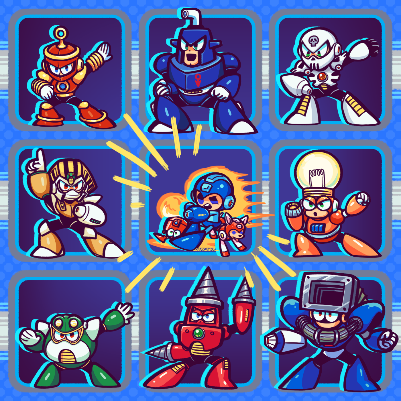 6+boys arm_up blue_eyes bright_man dive_man drill_man dust_man green_eyes highres humanoid_robot index_finger_raised laser-lance light_bulb mega_man_(character) mega_man_(classic) mega_man_(series) mega_man_4 multiple_boys open_mouth pharaoh_man red_eyes ring_man robot rush_(mega_man) skull_man teeth toad_man upper_teeth_only