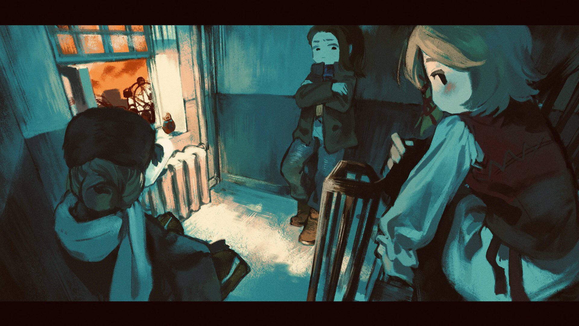 3girls european_architecture heater highres indoors limited_palette long_hair multiple_girls nanimonothing original perspective ponytail red_sky russia russia_(nanimonothing) scarf short_hair sky window