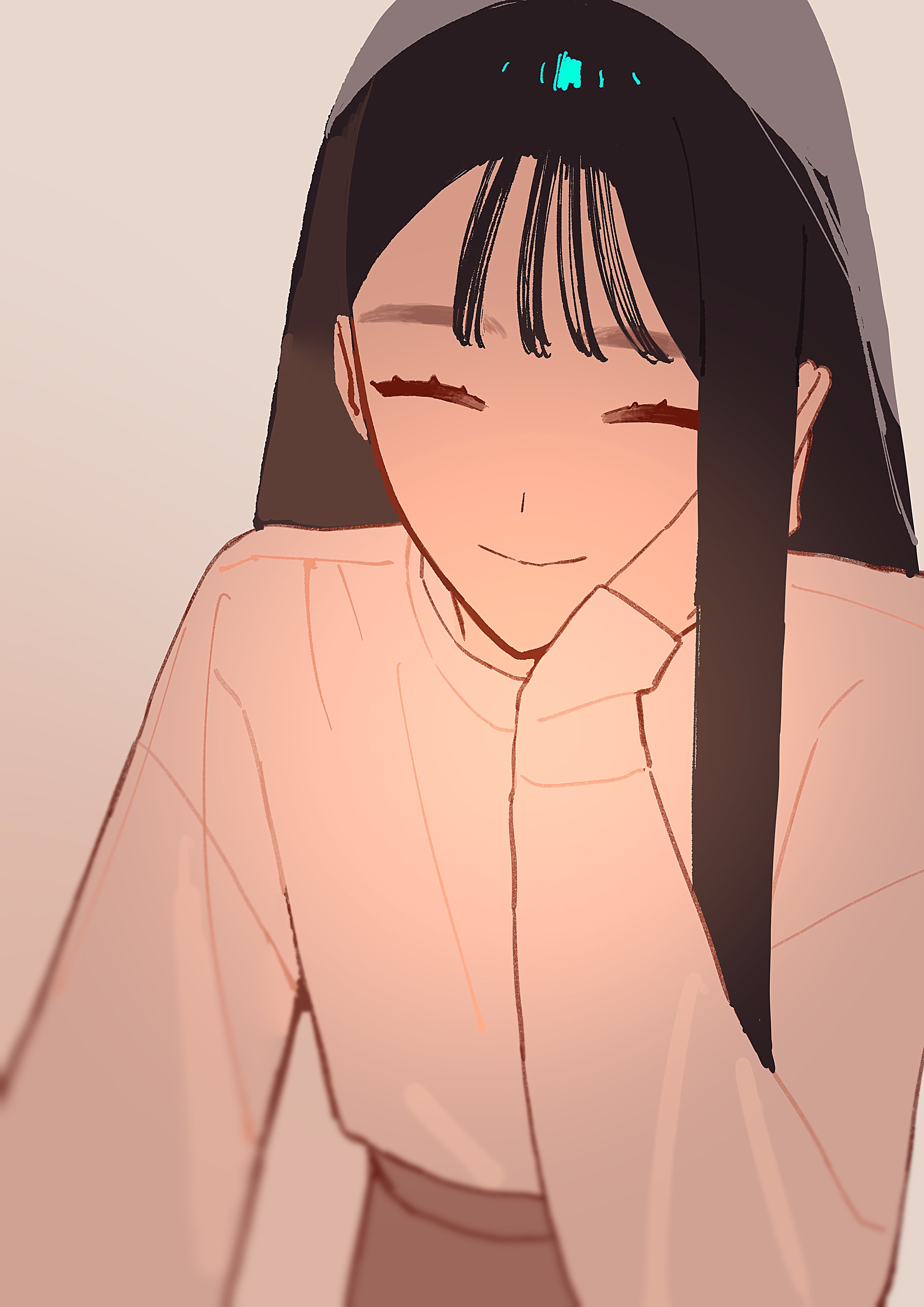 1girl absurdres black_hair closed_eyes facing_viewer highres long_hair long_sleeves original shirt shirt_tucked_in simple_background smile solo tan_background white_shirt yomiya_sateko