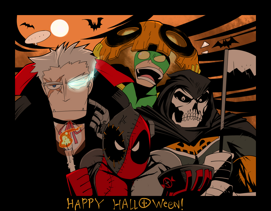 4boys bob_(marvel) bob_agent_of_hydra cable_(marvel) deadpool deadpool_(series) halloween male_focus marvel mask multiple_boys outdoors scared sky taskmaster