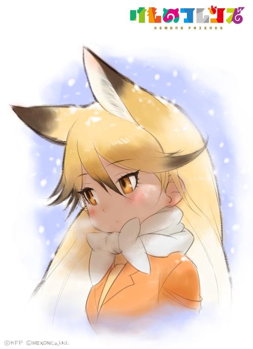 10s 1girl animal_ears blazer blonde_hair blue_background bow breath copyright_name ezo_red_fox_(kemono_friends) female_focus fox_ears jacket kemono_friends kita_kitsune logo long_hair multicolored_hair school_uniform simple_background snow snowing solo tsurime watermark yellow_eyes yoshizaki_mine