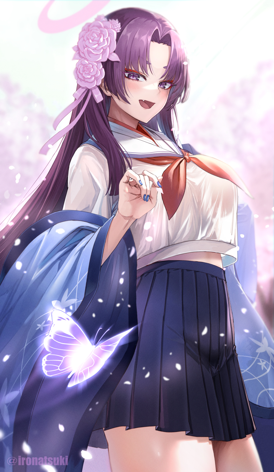 1girl animal black_skirt blue_archive blush bug butterfly cowboy_shot eyeshadow fang flower hair_flower hair_ornament halo haori highres insect ironatsuki japanese_clothes long_hair long_sleeves makeup neckerchief open_mouth pink_flower pink_halo pleated_skirt purple_eyes purple_hair red_eyeshadow red_neckerchief sailor_collar school_uniform serafuku short_eyebrows skirt smile solo twitter_username white_sailor_collar wide_sleeves yukari_(blue_archive)
