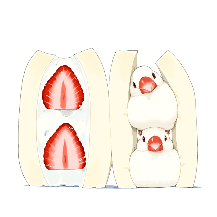 animal animal_focus bird color_connection commentary_request cream food food_focus fruit fruit_sandwich head_tilt java_sparrow lilac_(p-f_easy) looking_at_viewer no_humans on_animal original sandwich simple_background stacking strawberry strawberry_slice white_background white_bird