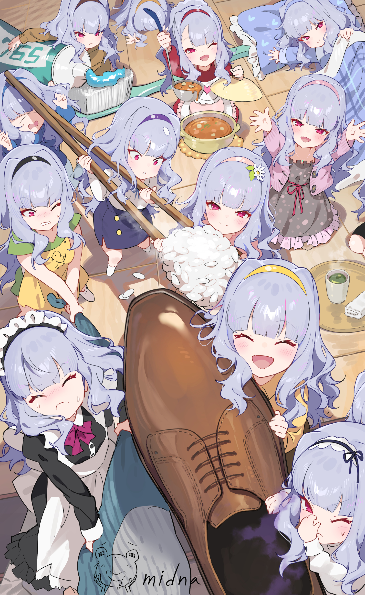 6+girls ^_^ absurdres alternate_costume artist_name bed_invitation brown_shorts chopsticks clone closed_eyes commentary_request enmaided green_tea grey_hair highres holding holding_chopsticks holding_nose idolmaster idolmaster_(classic) long_hair maid midnamana mini_person minigirl multiple_girls red_eyes rice shijou_takane shorts sweatdrop tea toothbrush very_long_hair wooden_floor xo