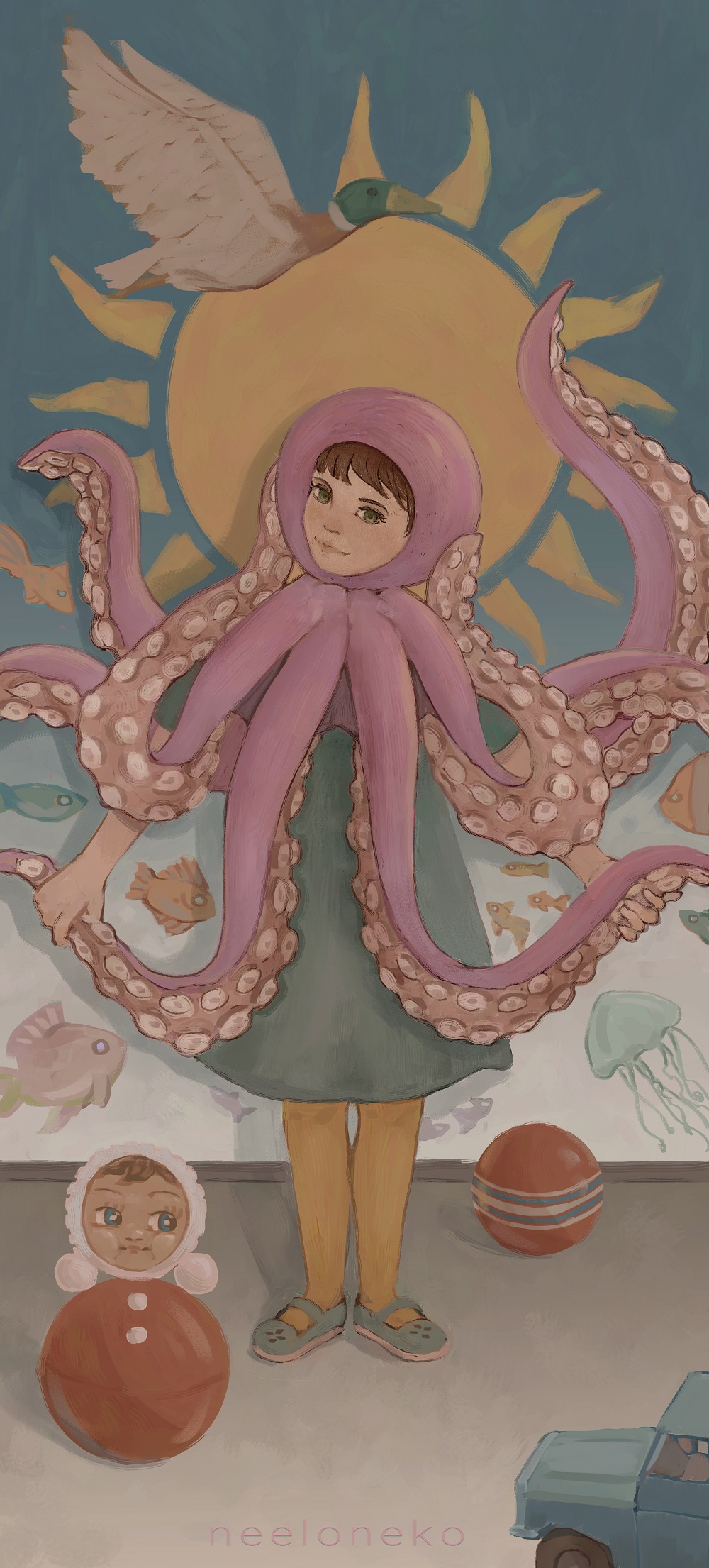 1girl animal_hood artist_name baby ball bird brown_hair duck fish highres holding_tentacle hood indoors jellyfish looking_at_viewer mary_janes original pantyhose rexfaxsex shoes short_hair solo standing sun tentacles toy_car yellow_pantyhose