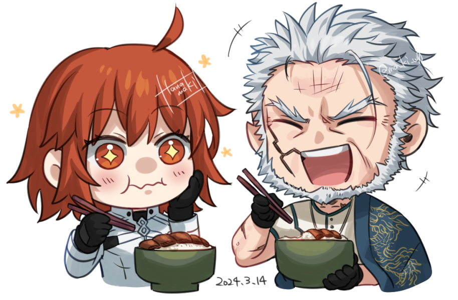 +++ +_+ 1boy 1girl ahoge beard black_gloves blush bowl chibi chopsticks commentary_request cropped_torso dated eating facial_hair fate/grand_order fate_(series) food forked_eyebrows fujimaru_ritsuka_(female) fujimaru_ritsuka_(female)_(decisive_battle_chaldea_uniform) gloves grey_hair holding holding_bowl holding_chopsticks jacket kamuinii laughing medium_hair nagakura_shinpachi_(fate) open_mouth orange_eyes orange_hair rice scar scar_on_arm scar_on_face short_hair signature sparkling_eyes teeth twitter_username upper_teeth_only white_background white_jacket