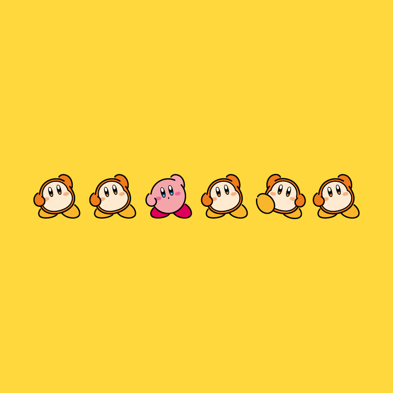 :o arm_up artist_request blue_eyes blush blush_stickers brown_eyes kirby kirby_(series) nintendo no_humans no_mouth official_art open_mouth second-party_source simple_background standing standing_on_one_leg waddle_dee yellow_background