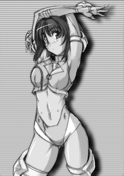 1girl arms_up black_hair breasts greyscale katia_grineal medium_breasts monochrome navel non-web_source othousand super_robot_wars super_robot_wars_judgement