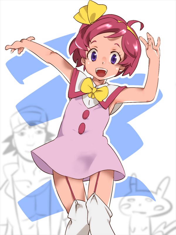 1boy 1girl ahoge arms_up ash_ketchum bad_id bad_pixiv_id blue_background blurry blurry_background bow bowtie capelet child dress flat_chest garter_straps gen_1_pokemon gluteal_fold hair_ribbon happy jpeg_artifacts looking_at_viewer margo_(pokemon) nintendo open_mouth outline pikachu pink_dress pokemon pokemon_(anime) pokemon_(creature) pokemon_the_movie:_the_power_of_us purple_eyes red_hair ribbon short_dress short_hair simple_background sleeveless sleeveless_dress smile solo_focus standing teeth thighhighs two-tone_background white_capelet white_outline white_thighhighs yellow_neckwear yellow_ribbon zaitsu