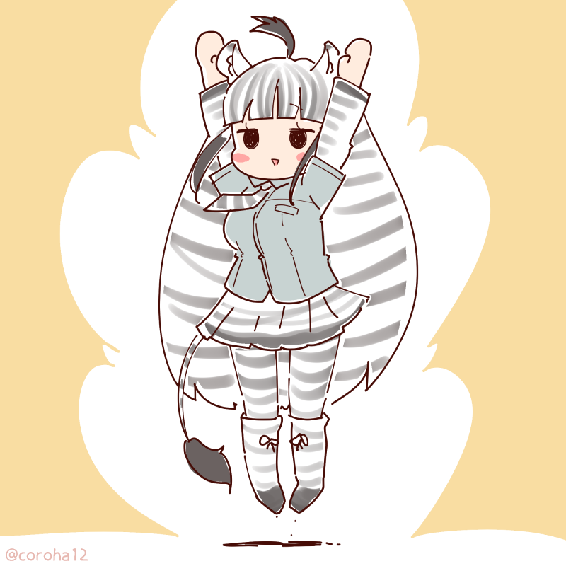 1girl animal_ears animal_print arms_up boots coroha extra_ears full_body jumping kemono_friends long_hair looking_at_viewer necktie pantyhose plains_zebra_(kemono_friends) shirt simple_background skirt solo tail yellow_background zebra_ears zebra_girl zebra_print zebra_tail