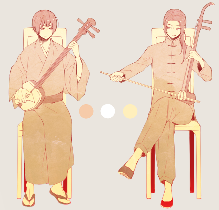 2boys axis_powers_hetalia belt blunt_ends bow_(music) chair china_(hetalia) chinese_clothes closed_mouth commentary_request crossed_legs daku-samo erhu half-closed_eyes hands_up holding holding_bow_(music) holding_erhu holding_instrument instrument japan_(hetalia) japanese_clothes kimono long_hair long_sleeves looking_at_another mandarin_collar monochrome multiple_boys music pants playing_instrument ponytail shamisen shirt shoes short_hair simple_background sitting slippers smile