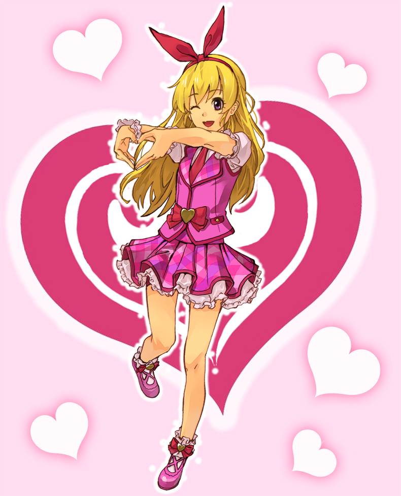 10s 1girl aikatsu! aikatsu!_(series) bad_id bad_pixiv_id blonde_hair bobby_socks bow female_focus frills fujimo_ruru full_body hairband heart heart_background heart_hands hoshimiya_ichigo long_hair mary_janes necktie one_eye_closed pink_background pink_theme plaid_clothes plaid_skirt purple_eyes shoes skirt smile socks solo standing standing_on_one_leg wink