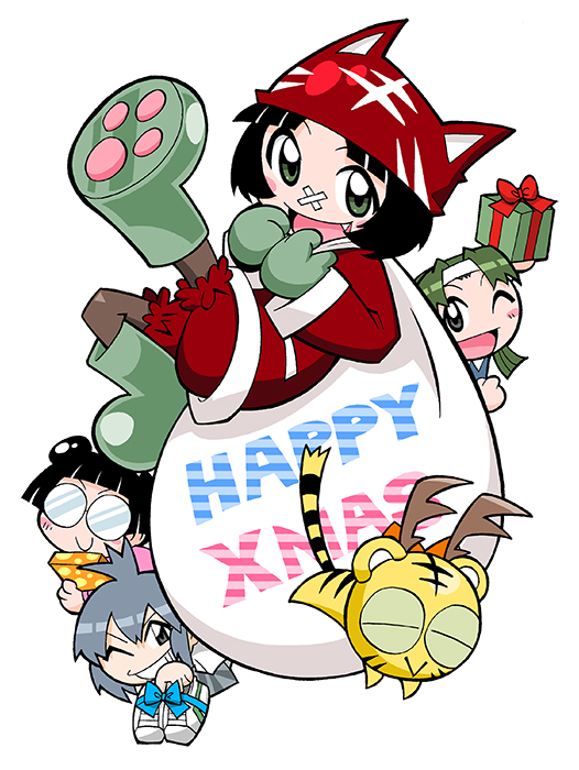animal_ears animal_hat aqua_bow bandaid bandaid_on_face bandaid_on_nose black_outline black_tail bloomers blunt_bangs blunt_ends blush_stickers boots bow box brown_eyes brown_pantyhose cat_ears cat_hat character_request christmas closed_eyes closed_mouth colored_sclera cub double-parted_bangs double_bun fake_animal_ears fake_antlers fang full_body gift gift_box green_eyes green_footwear green_hair green_mittens green_sclera grey_eyes grey_hair hair_between_eyes hair_bun hat holding holding_footwear holding_gift holding_sack holding_shoes holding_unworn_clothes horizontal-striped_clothes horizontal-striped_sleeves jacket looking_at_viewer merry_christmas mittens mukku_(mook-tv) official_art one_eye_closed open_mouth orange_bow outline pantyhose parted_lips paw_shoes pocket red_bloomers red_hat red_jacket red_sleeves ribbon_kotora rimless_eyewear rubber_boots sack second-party_source shoes short_hair simple_background sleeve_cuffs smile sneakers straight_hair striped_clothes striped_fur striped_hat striped_sleeves striped_tail tail tiger tongue tora_da_yo. torami_(toranoana) toranoana underwear unworn_footwear unworn_shoes very_short_hair white_background white_bag white_footwear white_sleeve_cuffs yellow_fur yellow_tail