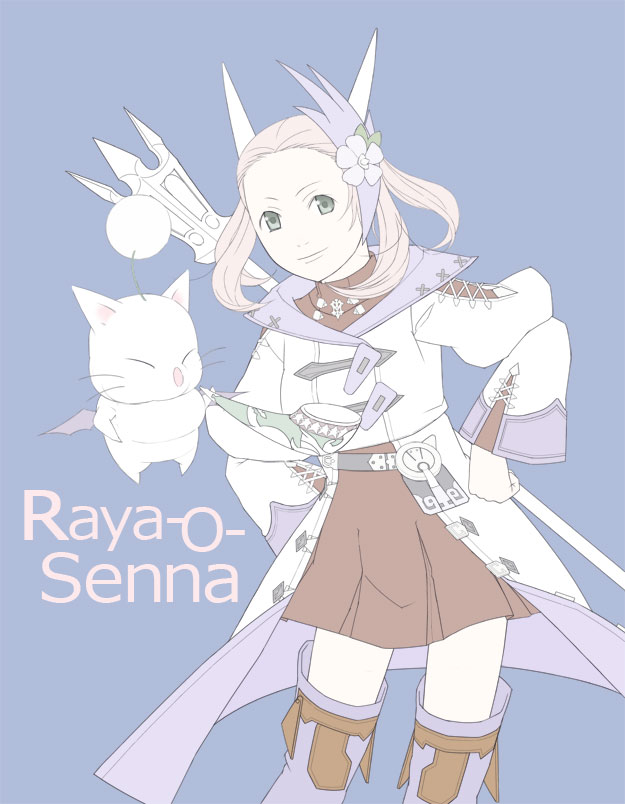 10s 1girl blue_eyes brown_hair final_fantasy final_fantasy_xiv flower hair_flower hair_ornament horns moogle padjal philo raya-o-senna short_hair skirt staff thighhighs