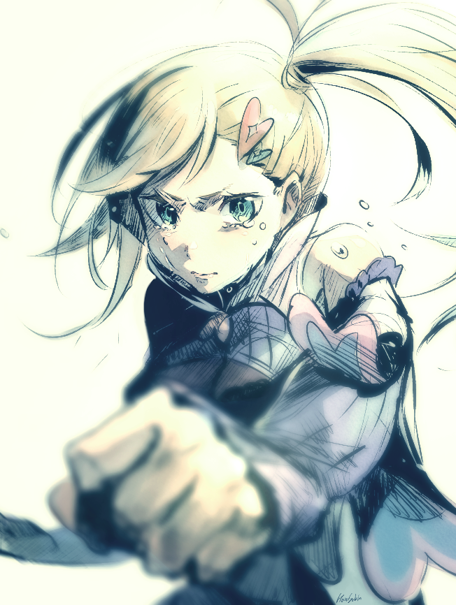 1girl bad_id bad_pixiv_id bare_shoulders blonde_hair crying crying_with_eyes_open detached_sleeves green_eyes hair_ornament hair_slicked_back harusabin heart heart_hair_ornament minerva_(re:zero) ponytail punching re:zero_kara_hajimeru_isekai_seikatsu solo tears