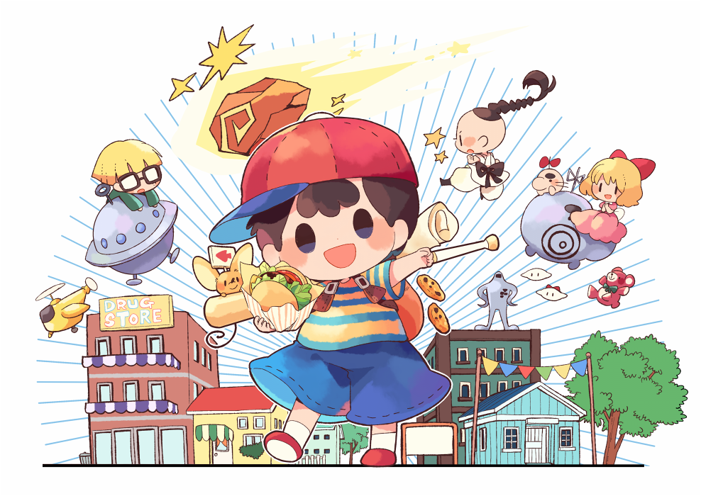 1girl 3boys :d aircraft arm_up arrow_(symbol) awning backpack bag baseball_bat baseball_cap black-framed_eyewear black_hair blonde_hair blue_shirt blue_shorts blush blush_stickers bow braid braided_ponytail building burger commentary_request cookie cute_li&#039;l_ufo doseisan dress emphasis_lines exit_mouse_(mother) floating_hair flying_kick food glasses hair_bow hat helicopter hitofutarai holding holding_food house jeff_andonuts kicking li&#039;l_ufo long_hair long_sleeves looking_at_viewer meteor mother_(series) mother_2 mouse_(animal) multicolored_clothes multiple_boys ness_(mother_2) nintendo open_mouth paula_(mother_2) pennant pink_dress poo_(mother_2) profile red_bow red_footwear red_headwear shirt shoes short_hair short_sleeves shorts sideways_hat sign simple_background smile socks solid_oval_eyes standing star_(symbol) starman_(mother) string_of_flags striped_clothes striped_shirt stuffed_animal stuffed_toy t-shirt teddy_bear teddy_bear_(mother_2) trash_can tree two-tone_shirt ufo white_background white_socks yellow_shirt